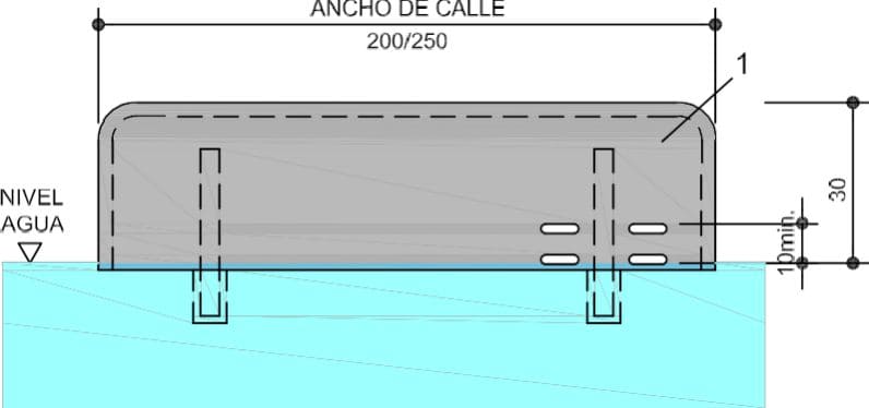 Alzado de panel de toque o placa de giro de 30 cm sobre el nivel del agua y ancho de calle de 2,00 a 2,50 m